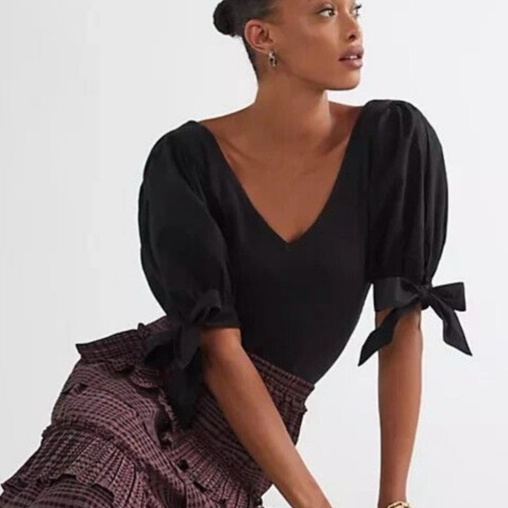 Maeve by Anthropologie black puff-sleeve black ribbed top MEDIUM - Picture 4 of 9